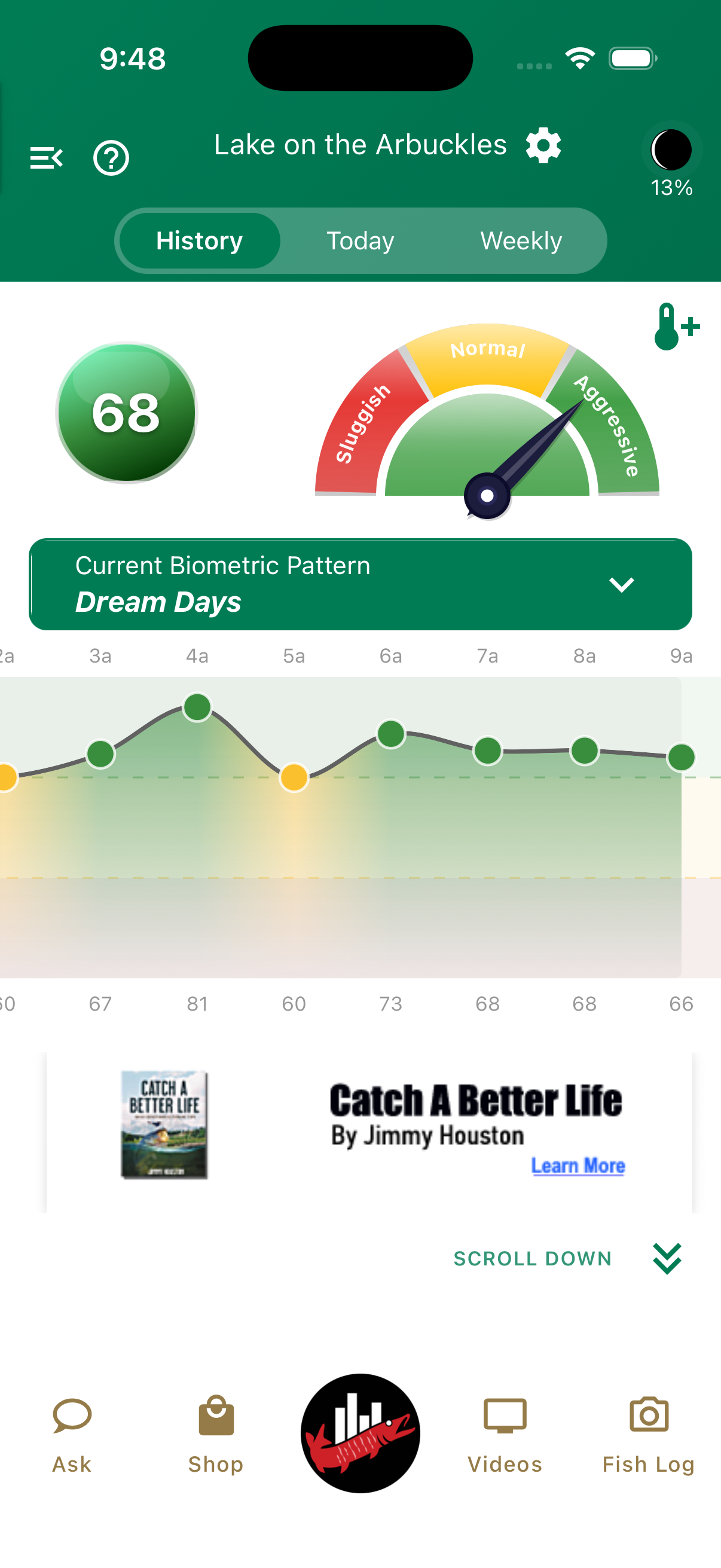Jimmy Houston Fishing app showing logged catch history with conditions