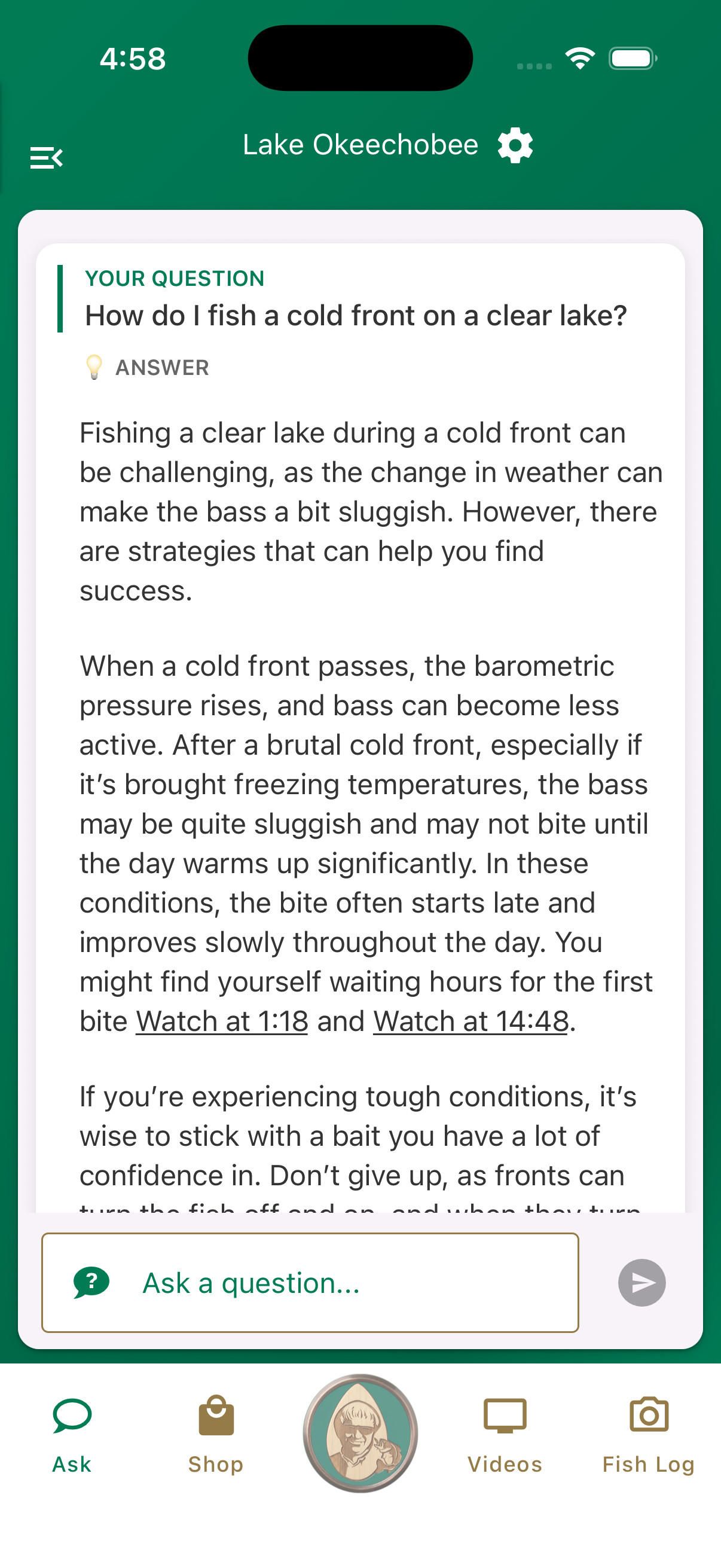 Jimmy Houston Bass Fishing app Ask screen showing the fishing assistant answering a technique question