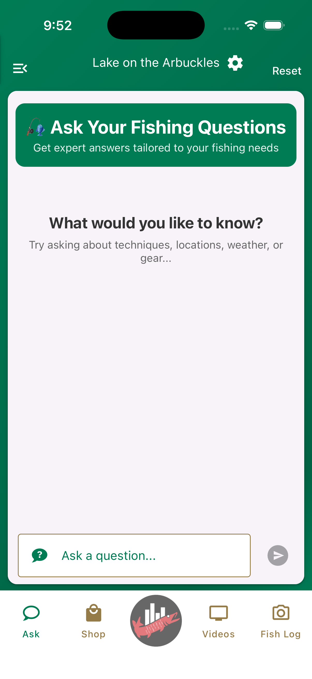 Jimmy Houston Fishing app Ask screen showing the fishing assistant