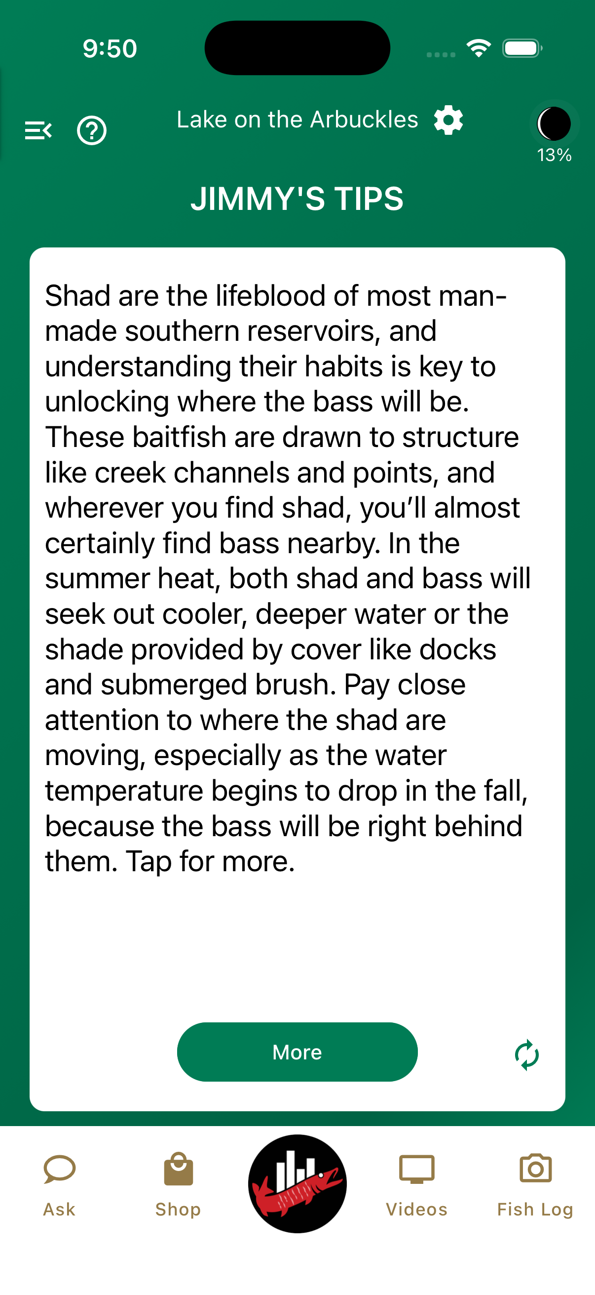 Jimmy Houston Fishing app showing a fishing tip from Jimmy Houston