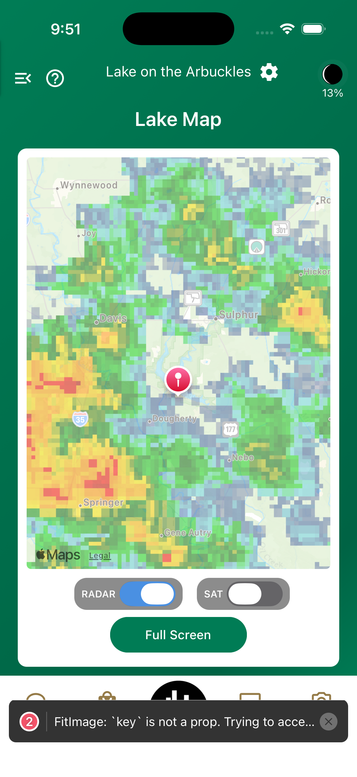 Jimmy Houston Fishing app lake map showing tracked lakes and conditions