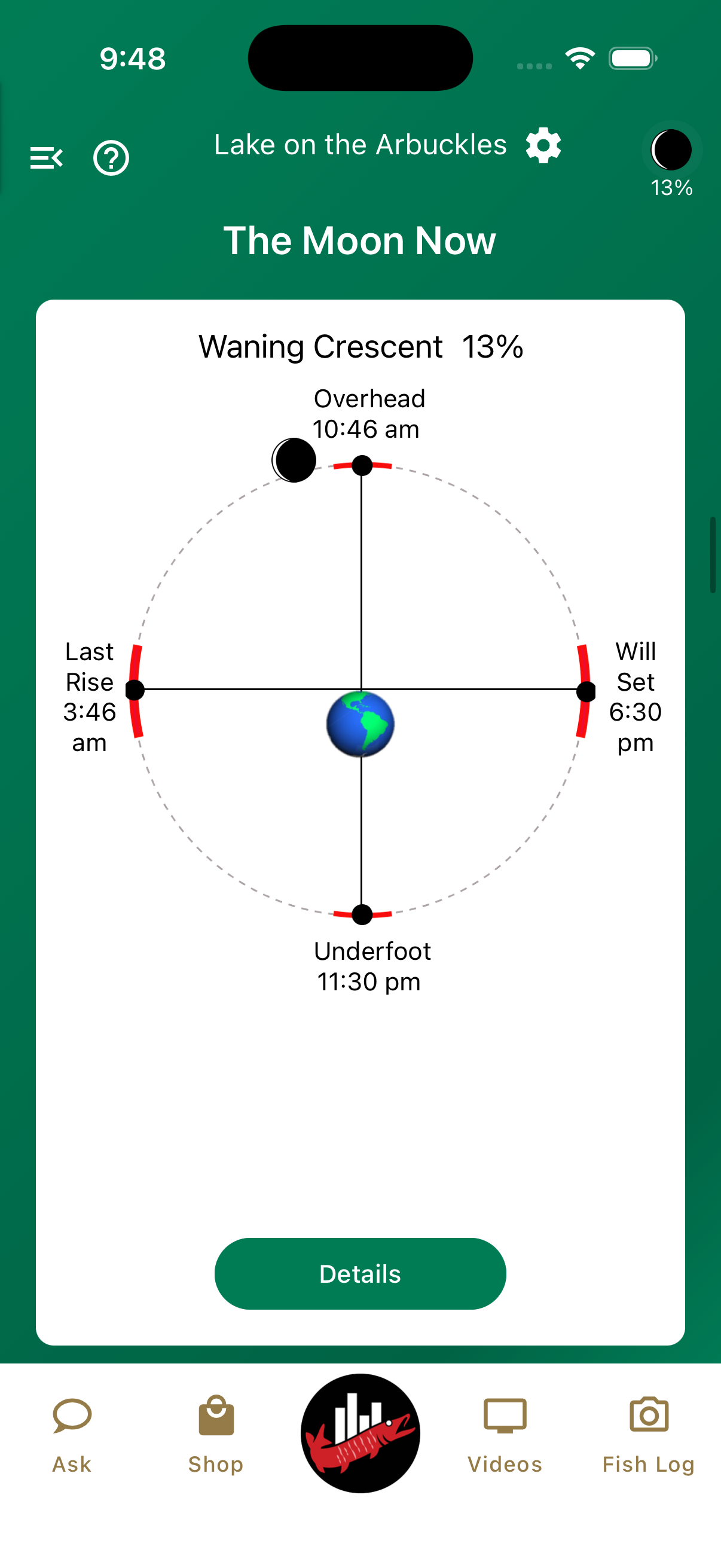 Jimmy Houston Fishing app showing moon phase information
