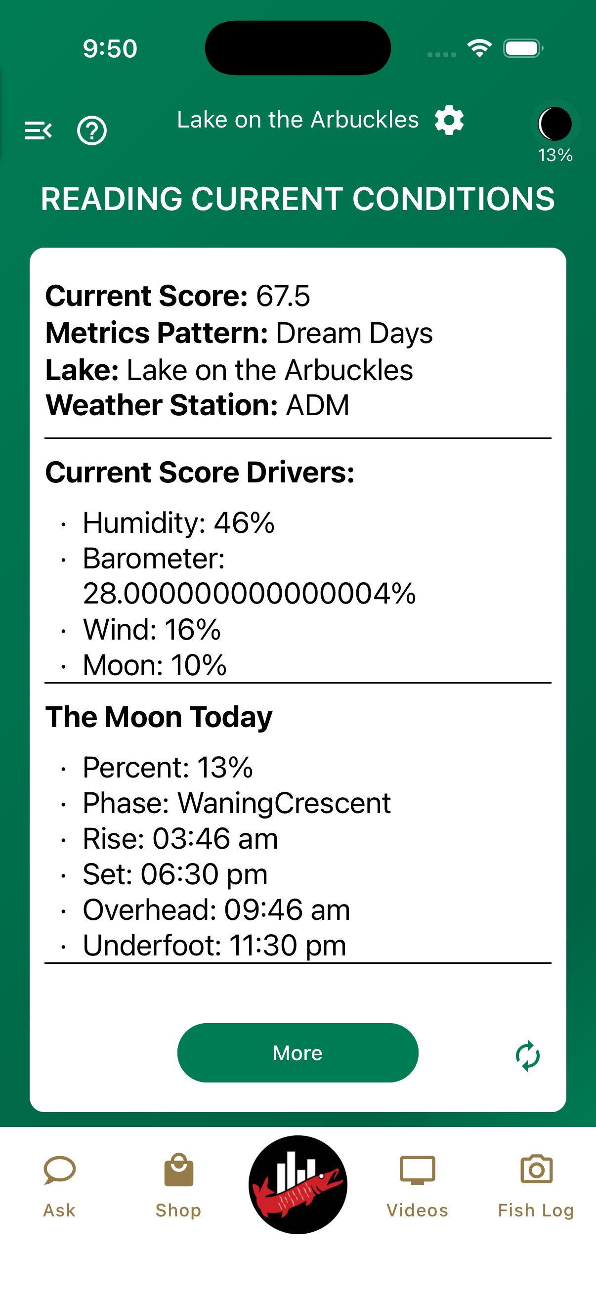 Jimmy Houston Fishing app screen reading the current lake and weather conditions