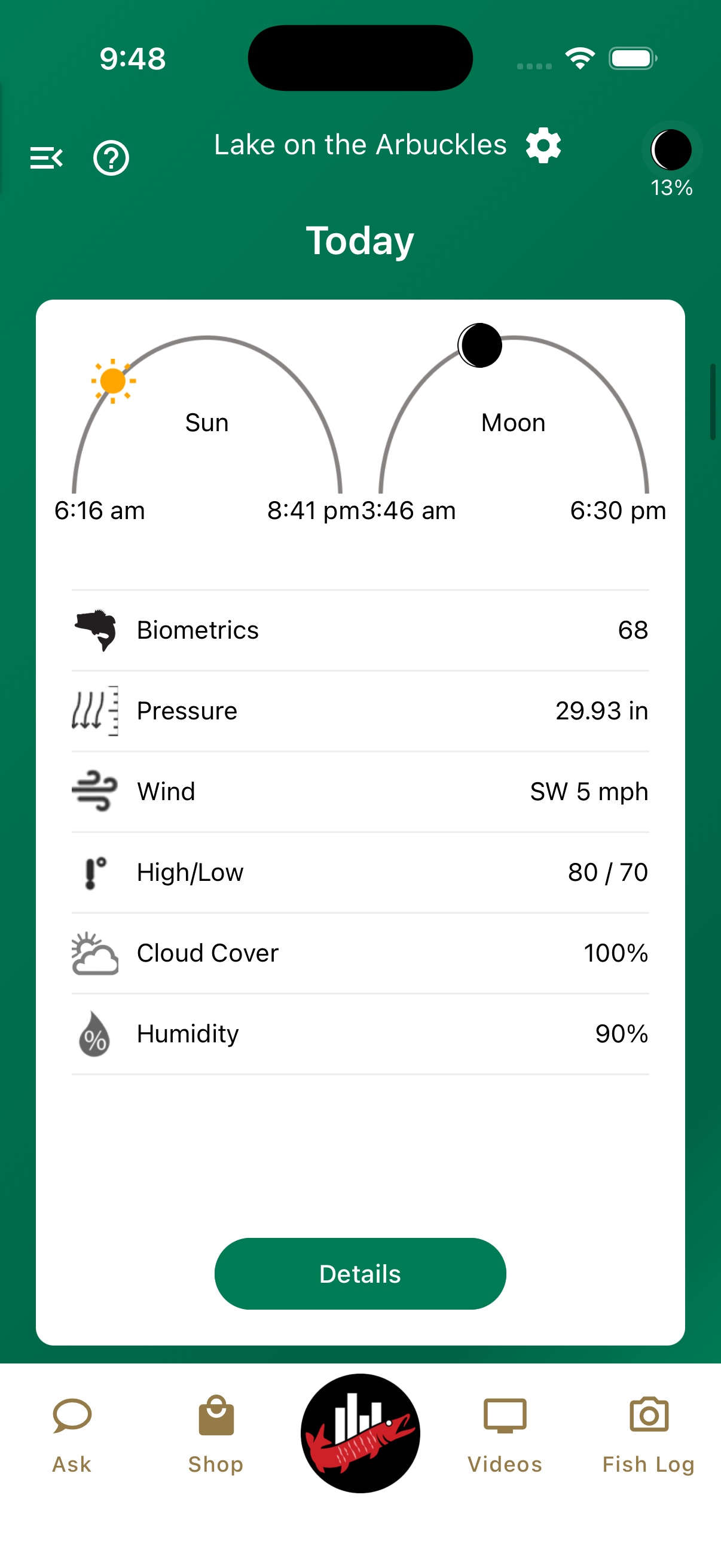 Jimmy Houston Fishing app showing how weather influences fishing conditions